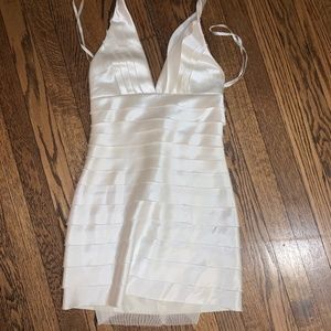 BCBG Off-White Satin Tiered Halter Dress